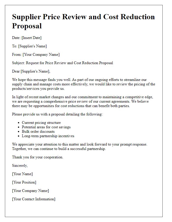 Letter template of Supplier Price Review and Cost Reduction Proposal