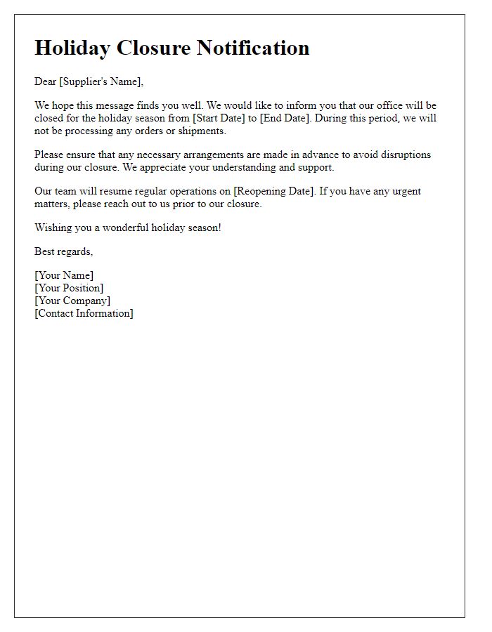 Letter template of Holiday Closure Notification for Suppliers