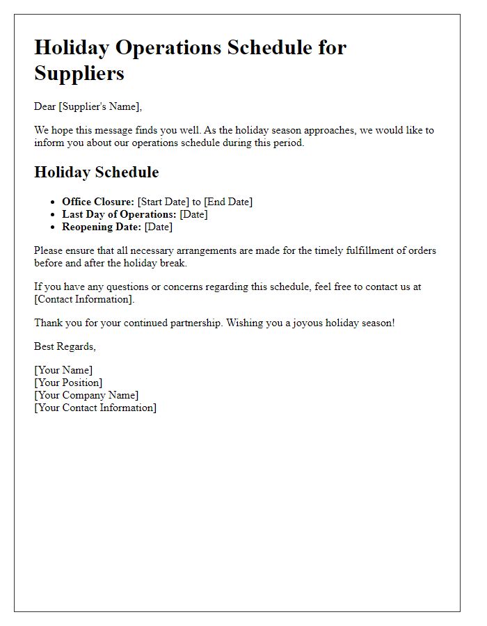 Letter template of Holiday Operations Schedule for Suppliers