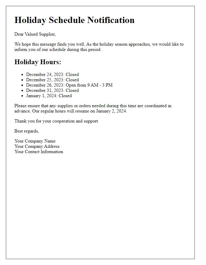 Letter template of Holiday Schedule Notification for Suppliers