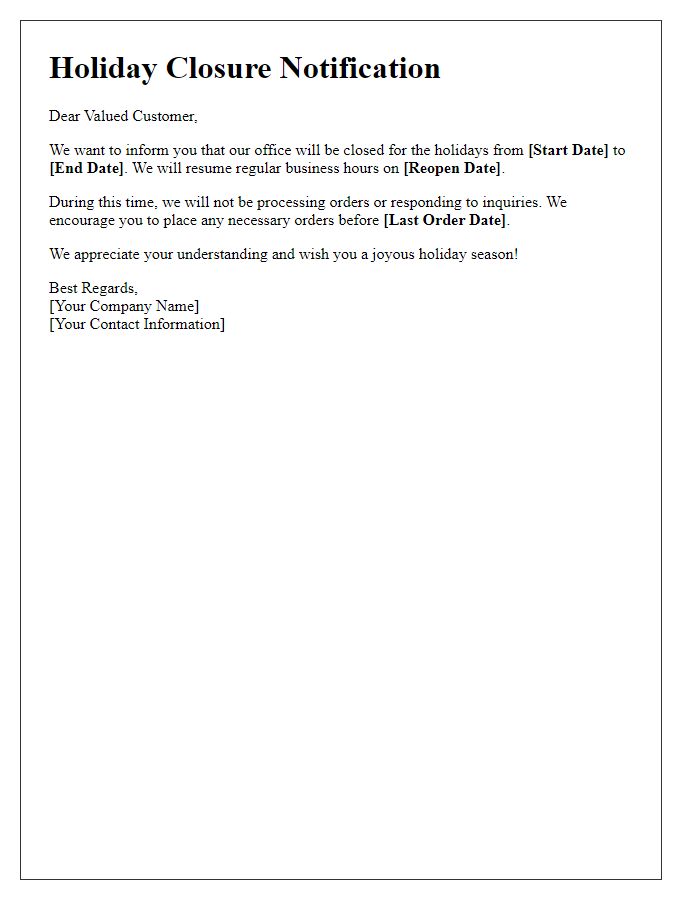 Letter template of Vendor Holiday Closure Alert