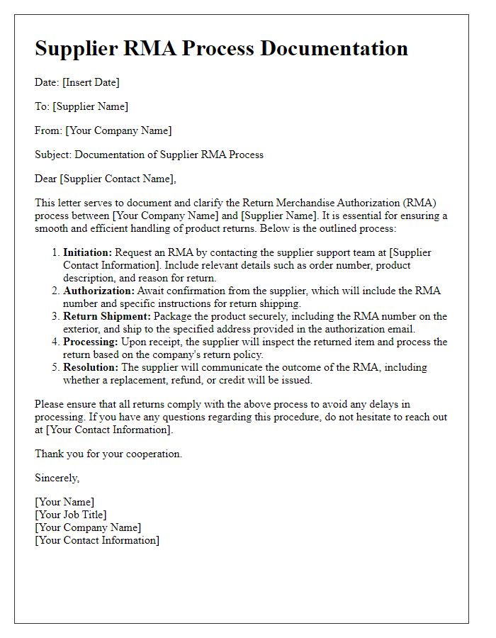 Letter template of Documenting Supplier RMA Process