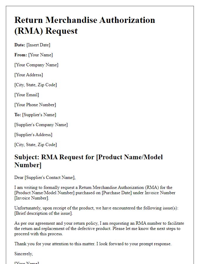 Letter template of Formal RMA Request to Supplier