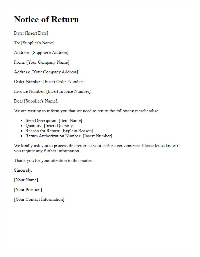 Letter template of Notice for Returning Merchandise to Supplier