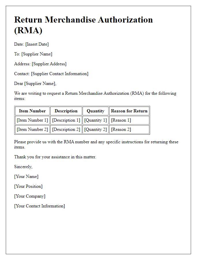 Letter template of Return Merchandise Authorization from Supplier