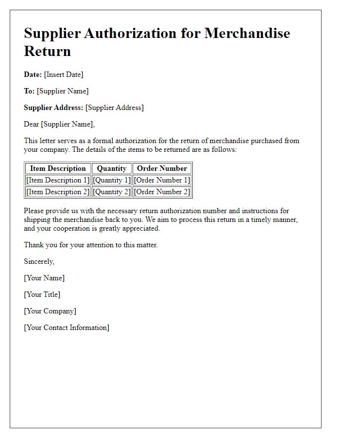 Letter template of Supplier Authorization for Merchandise Return