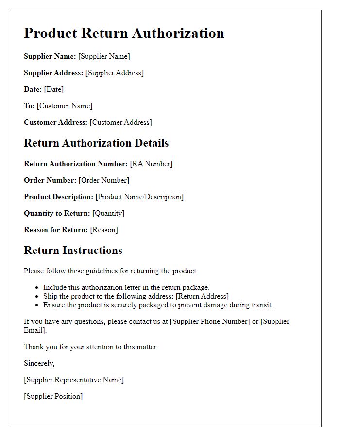 Letter template of Supplier Product Return Authorization