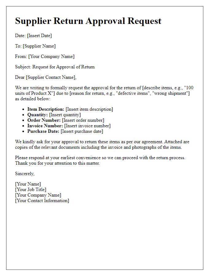 Letter template of Supplier Return Approval Request