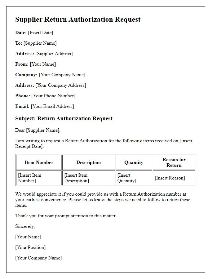 Letter template of Supplier Return Authorization Request