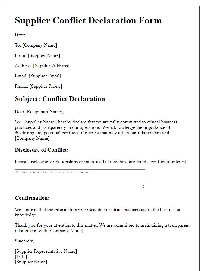 Letter template of Supplier Conflict Declaration Form