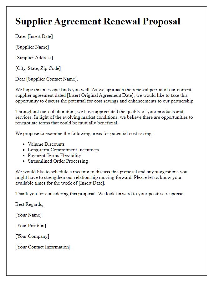 Letter template of Supplier Agreement Renewal Proposal for Cost Savings