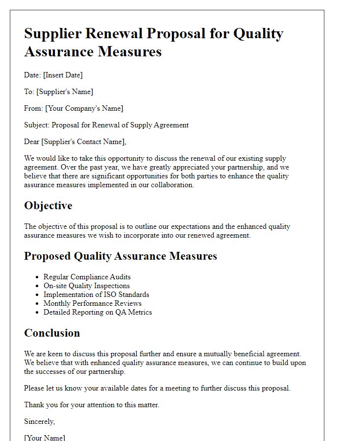 Letter template of Supplier Renewal Proposal for Quality Assurance Measures