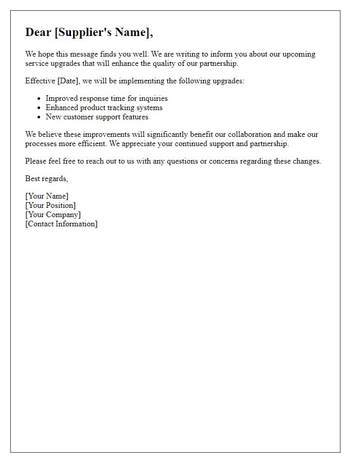 Letter template of communication regarding supplier service upgrades