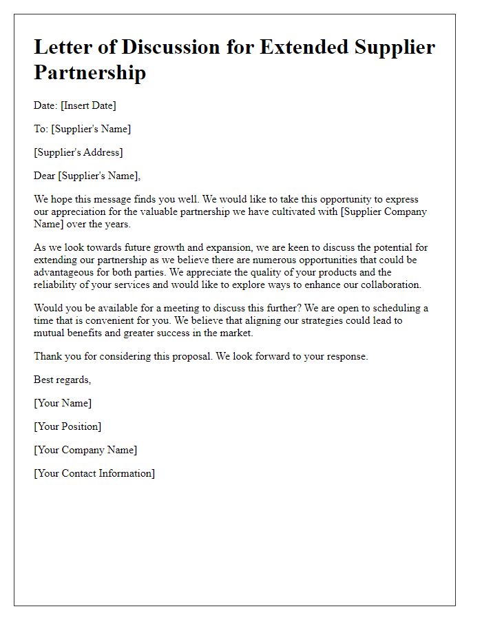 Letter template of discussion for extended supplier partnerships