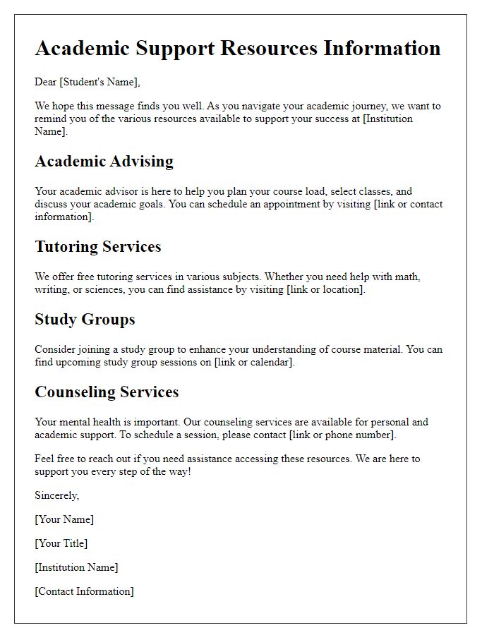 Letter template of Academic Support Resources Information