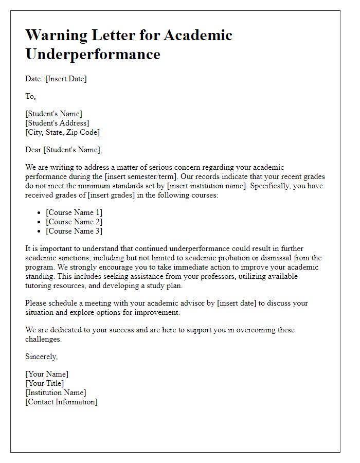 Letter template of Warning for Academic Underperformance