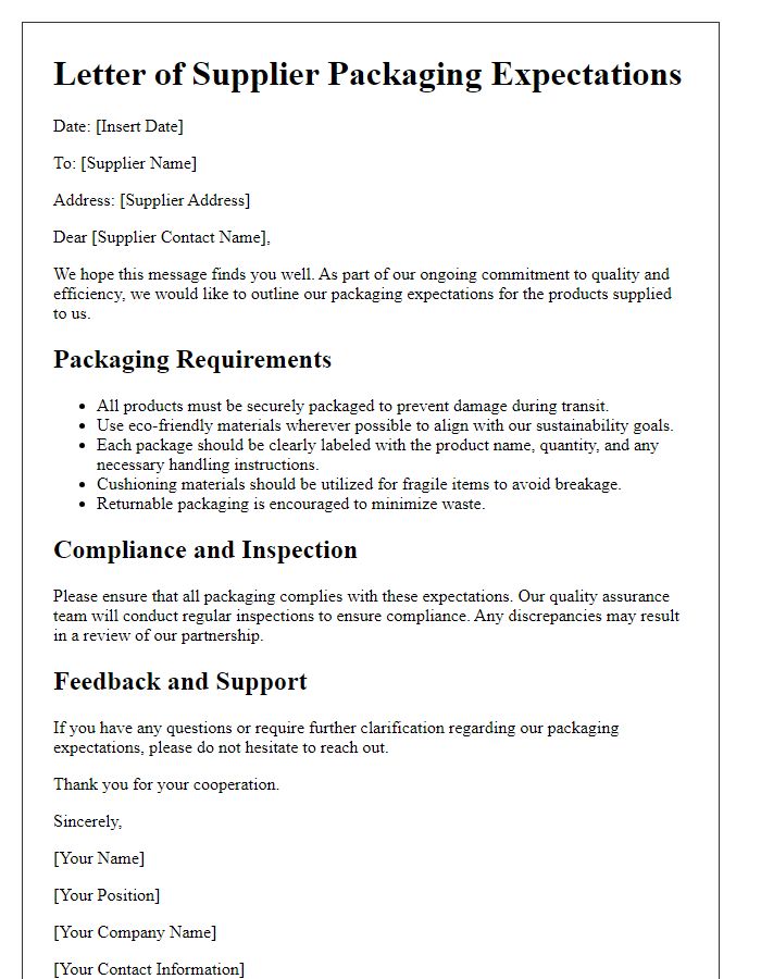 Letter template of supplier packaging expectations.