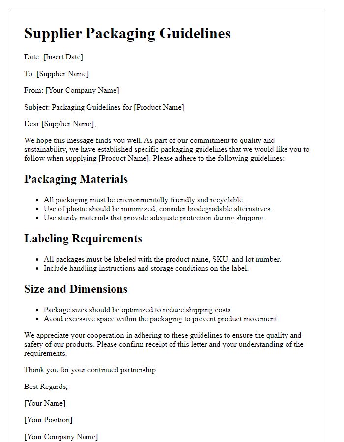 Letter template of supplier packaging guidelines.