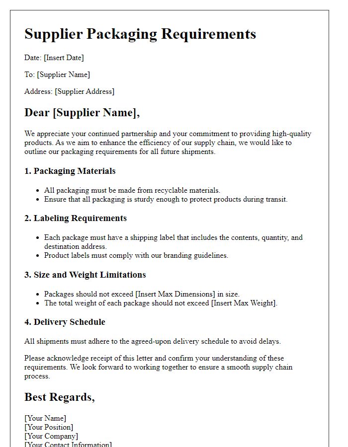 Letter template of supplier packaging requirements.