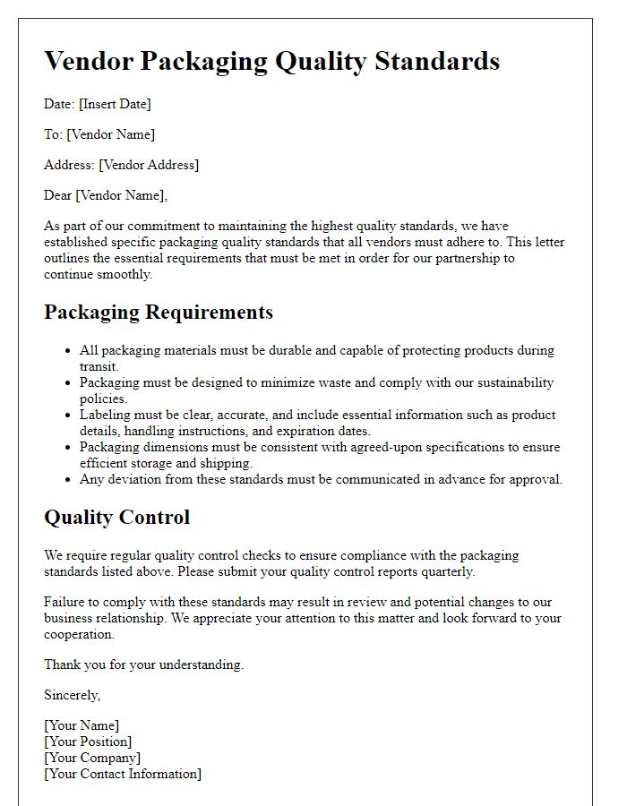 Letter template of vendor packaging quality standards.