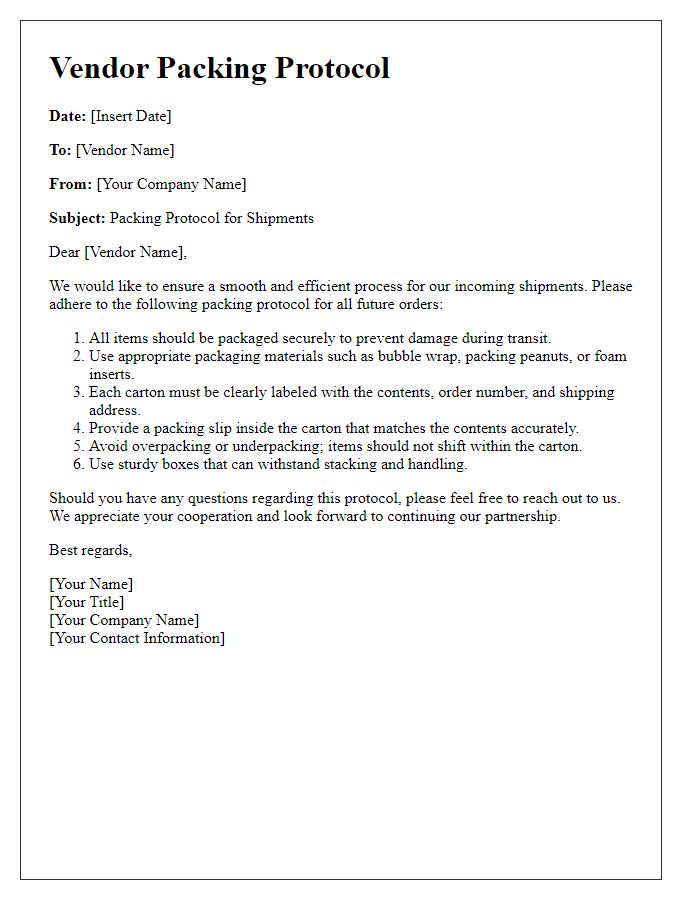 Letter template of vendor packing protocol.