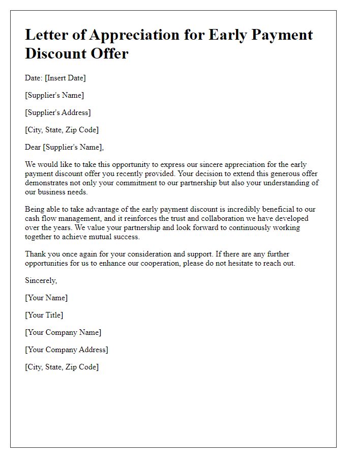 Letter template of appreciation for suppliers early payment discount offer