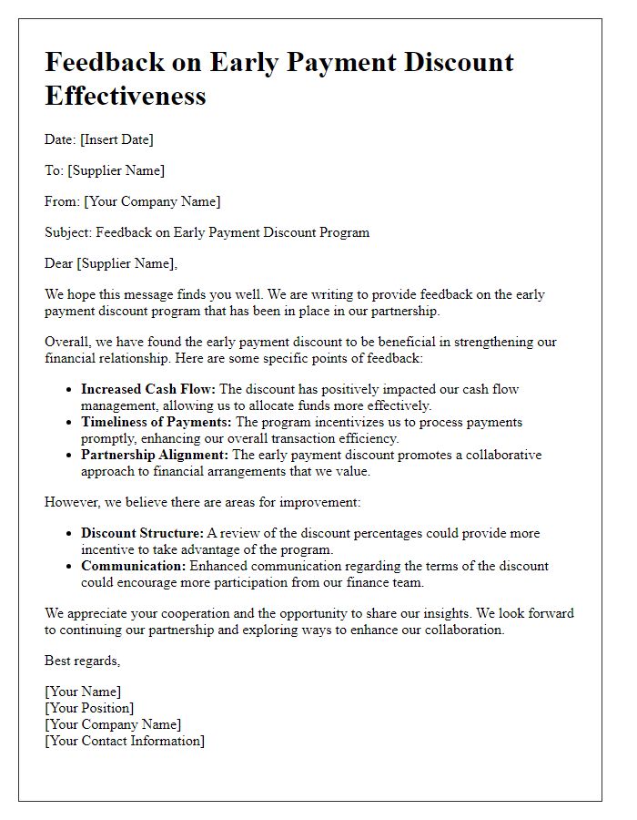 Letter template of feedback on supplier early payment discount effectiveness