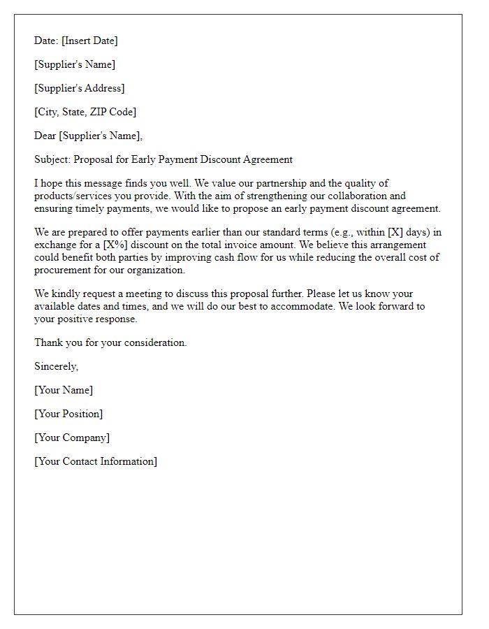 Letter template of negotiation for supplier early payment discount agreement