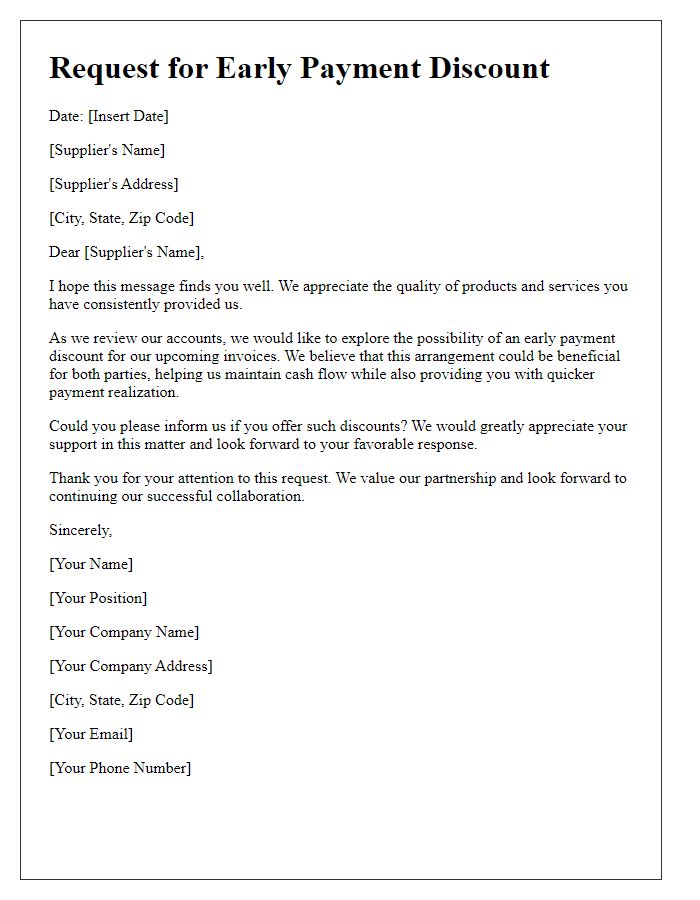 Letter template of request for early payment discount from supplier