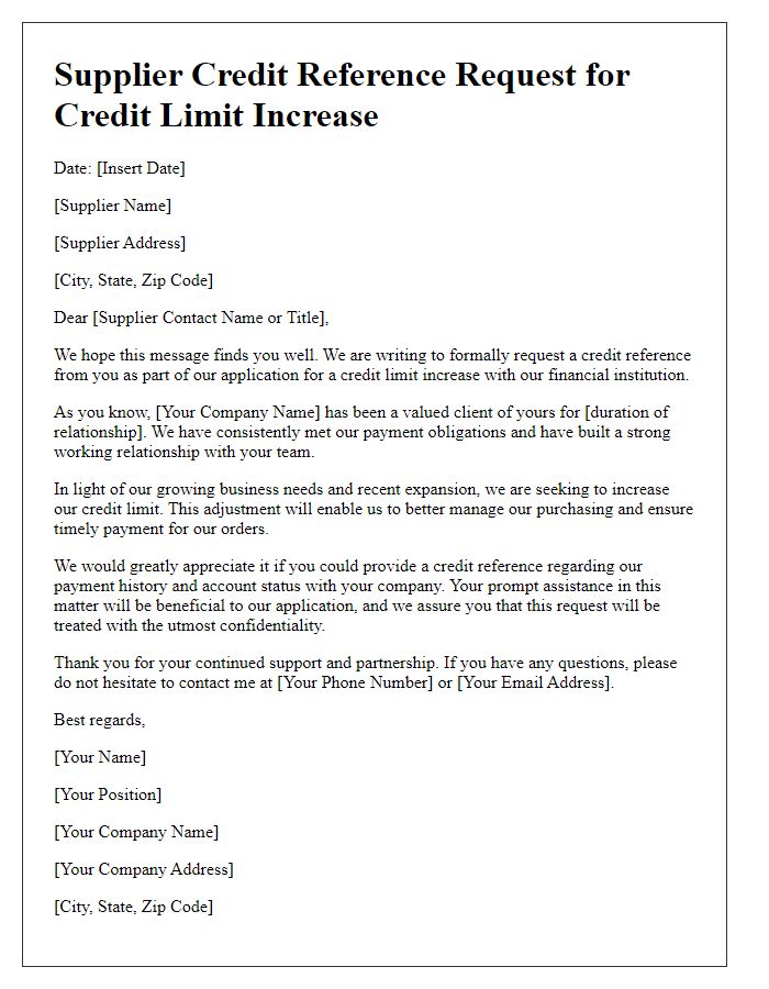 Letter template of Supplier Credit Reference Request for Credit Limit Increase