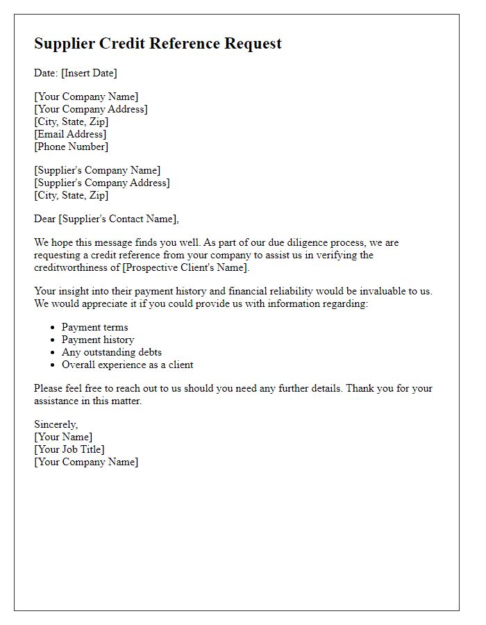 Letter template of Supplier Credit Reference Request for Creditworthiness Verification