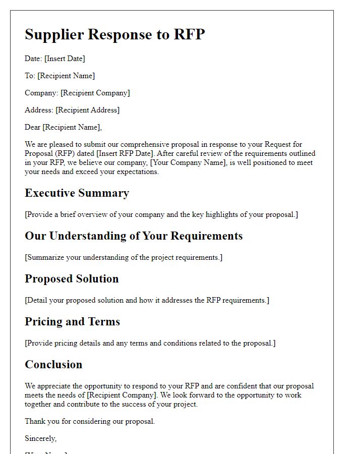 Letter template of Supplier Response to RFP - Comprehensive Proposal