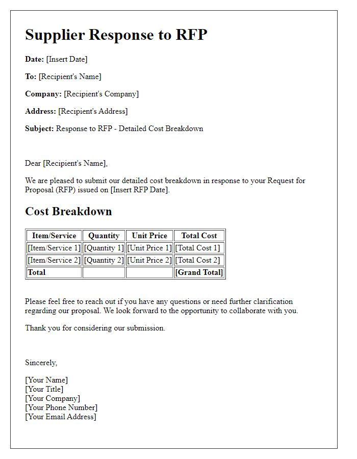 Letter template of Supplier Response to RFP - Detailed Cost Breakdown