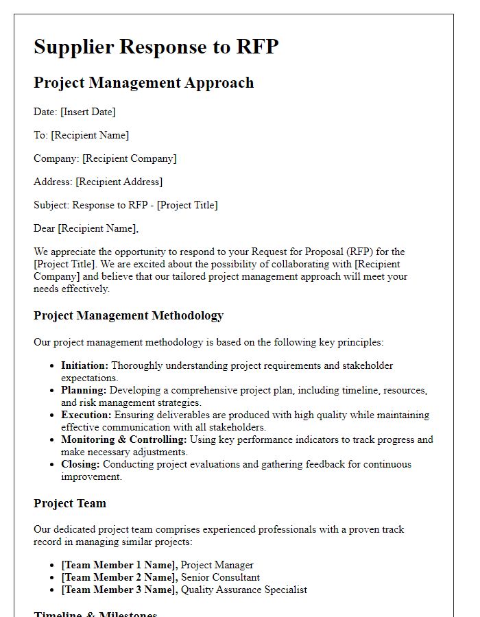 Letter template of Supplier Response to RFP - Project Management Approach