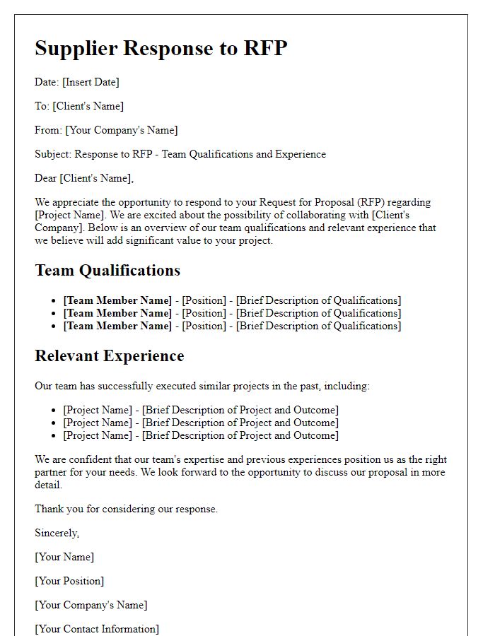 Letter template of Supplier Response to RFP - Team Qualifications and Experience