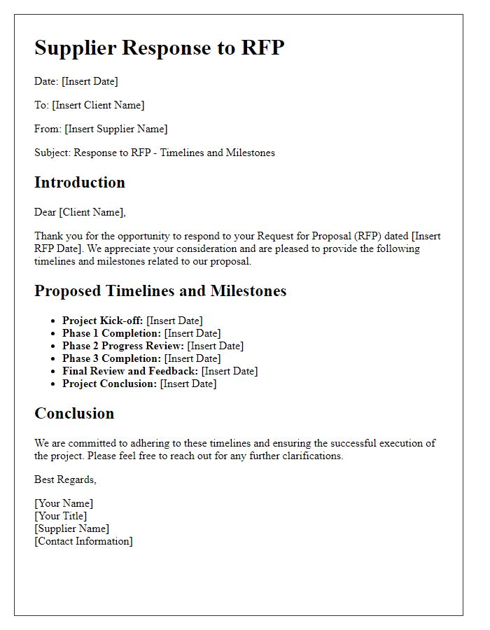 Letter template of Supplier Response to RFP - Timelines and Milestones