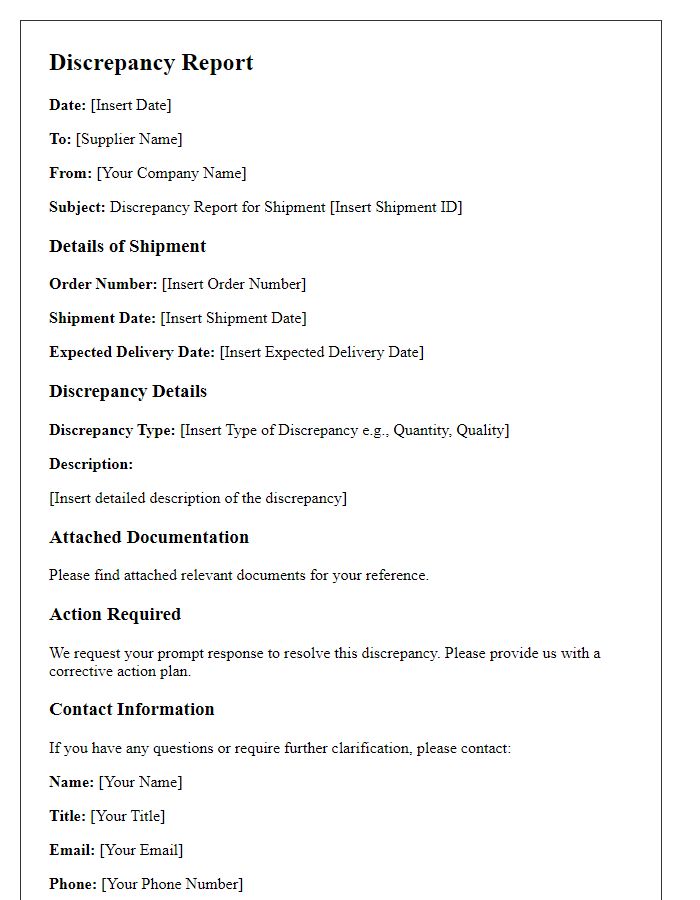 Letter template of Discrepancy Report for Supplier Shipment