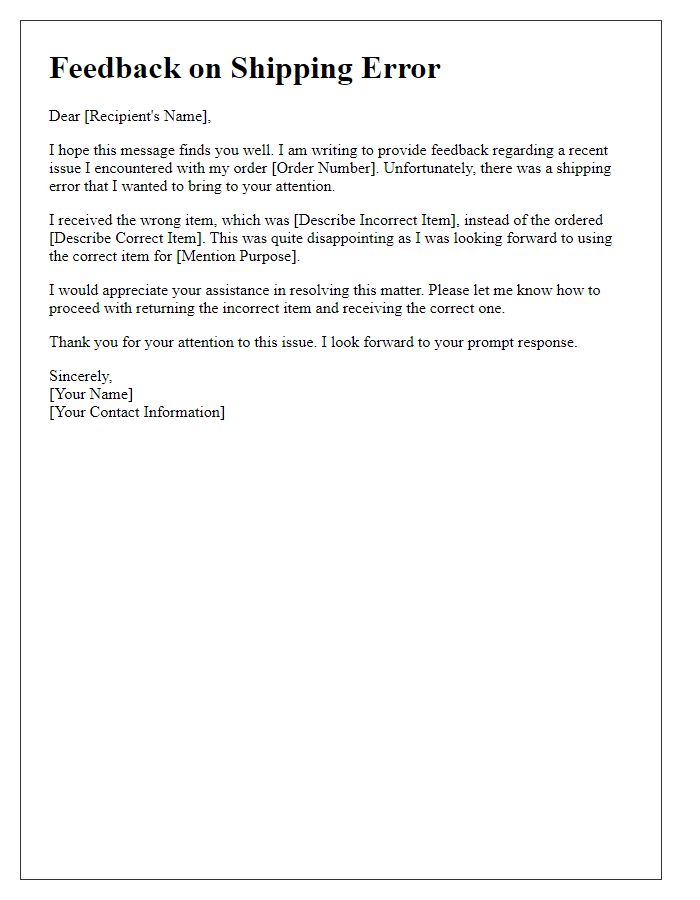 Letter template of Feedback on Shipping Error