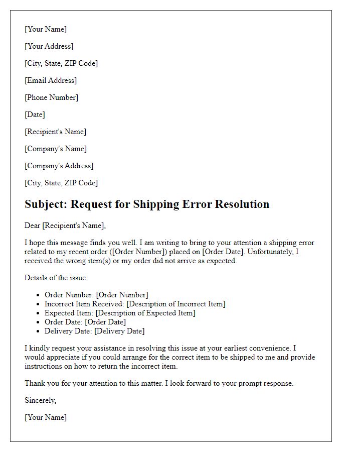 Letter template of Request for Shipping Error Resolution