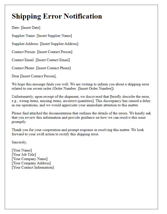 Letter template of Shipping Error Notification to Supplier