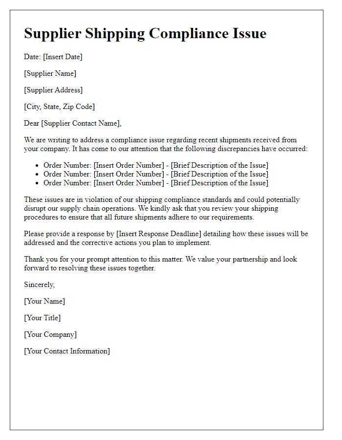 Letter template of Supplier Shipping Compliance Issue