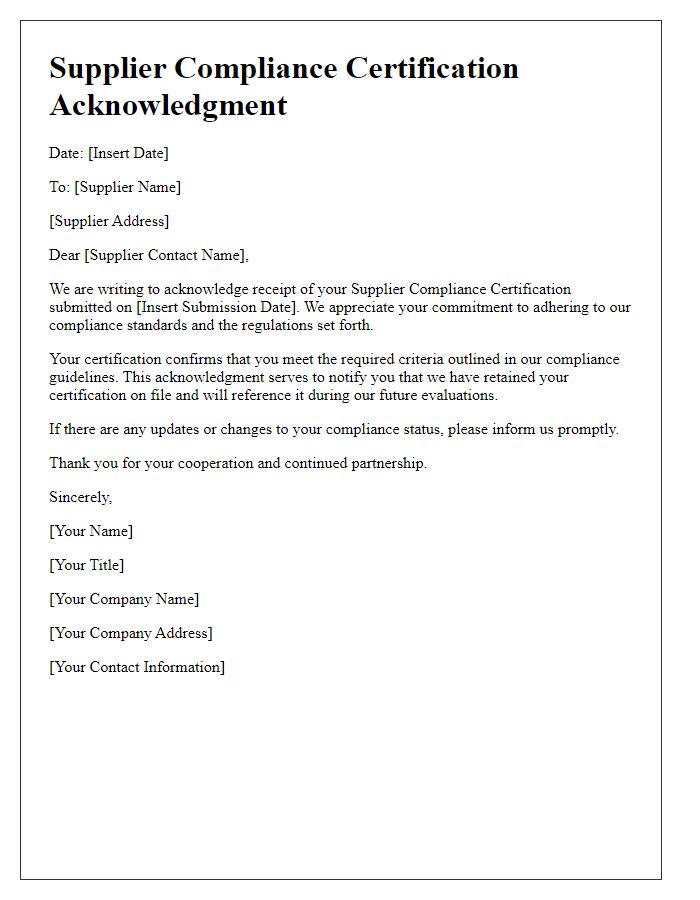 Letter template of Supplier Compliance Certification Acknowledgment