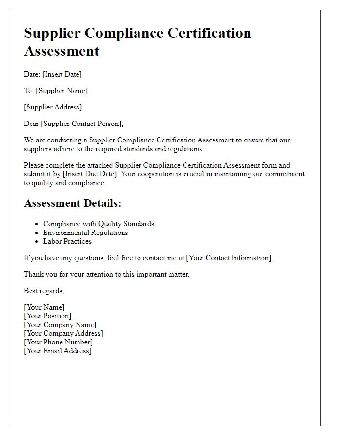 Letter template of Supplier Compliance Certification Assessment