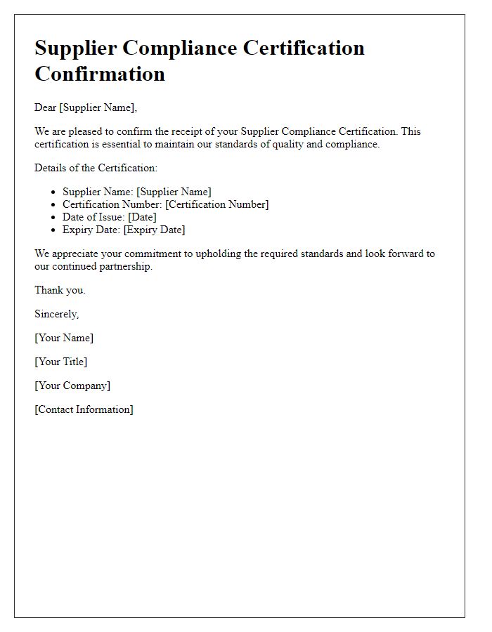 Letter template of Supplier Compliance Certification Confirmation