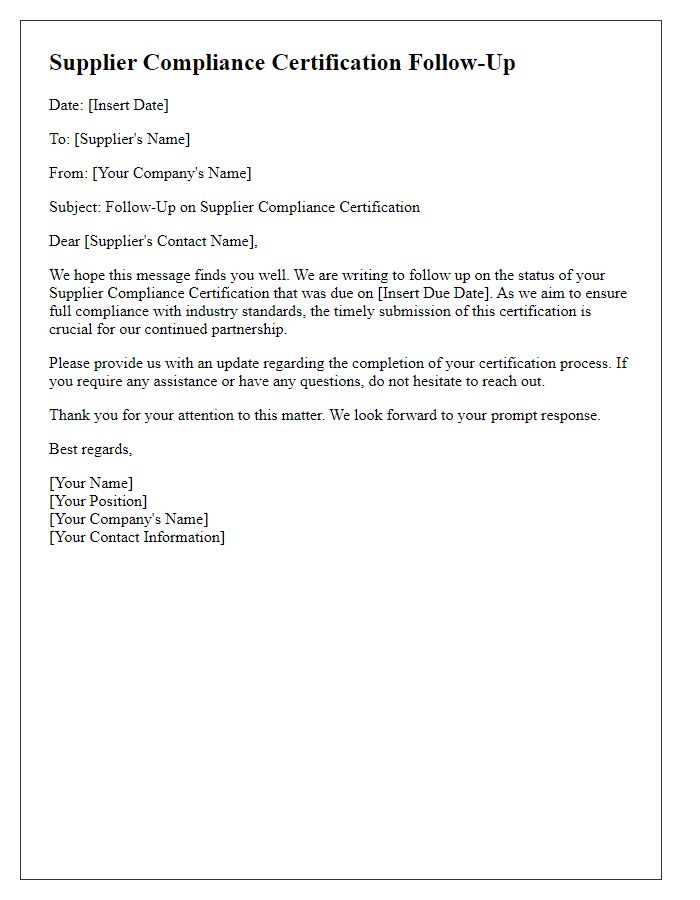 Letter template of Supplier Compliance Certification Follow-Up