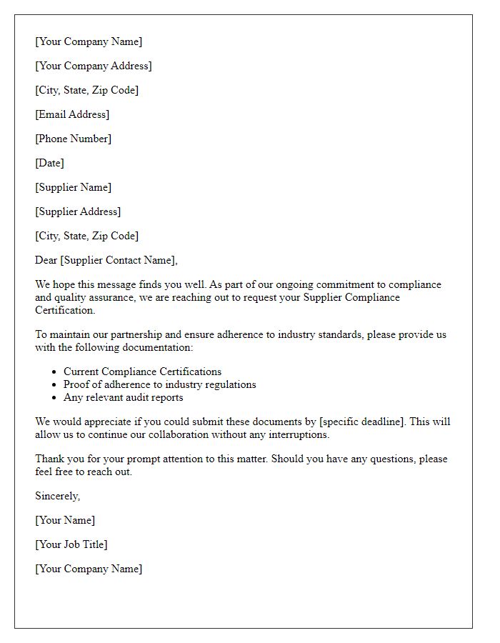 Letter template of Supplier Compliance Certification Inquiry