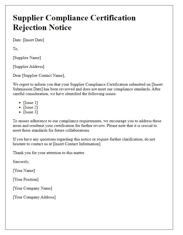 Letter template of Supplier Compliance Certification Rejection Notice