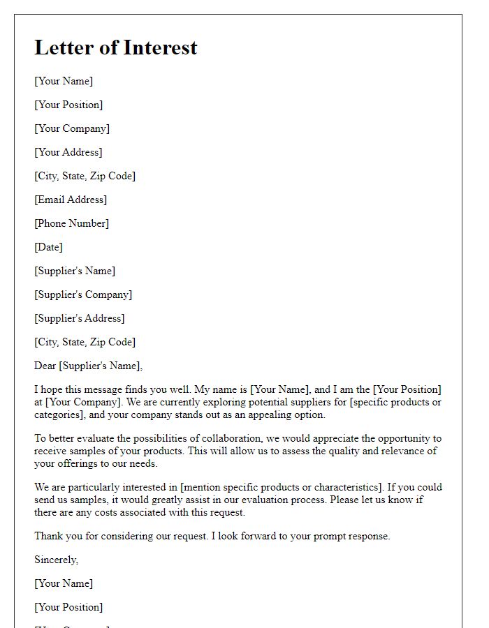 Letter template of interest in product samples from potential suppliers