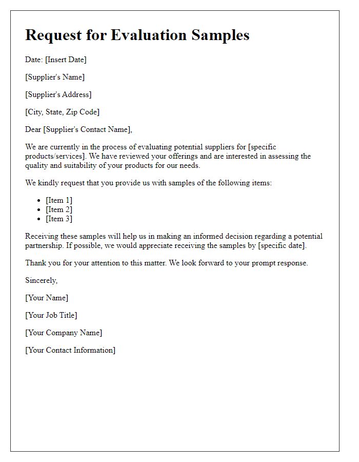 Letter template of request for evaluation samples from suppliers