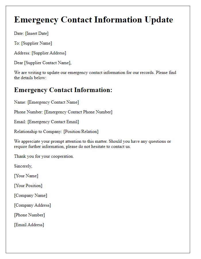 Letter template of Emergency Contact Information for Supplier Adjustment